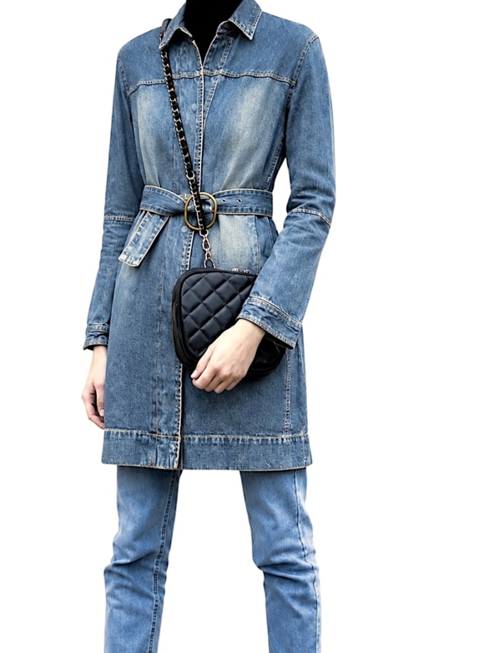 OUTLINE Vintage Denim Trench Coat Size S Blue Belted Zip Snap Pockets Collared